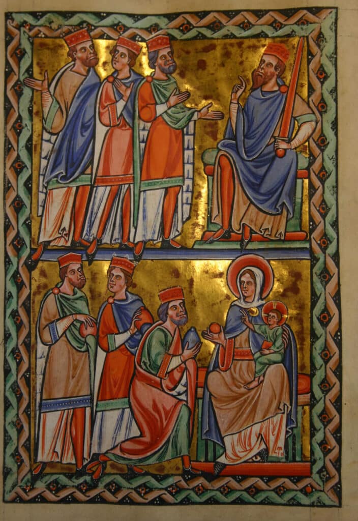 Iluminovaný rukopis, žaltář. Mudrci před Herodem (nahoře) a adorace (dole) | Zdroj Wikimedia Commons