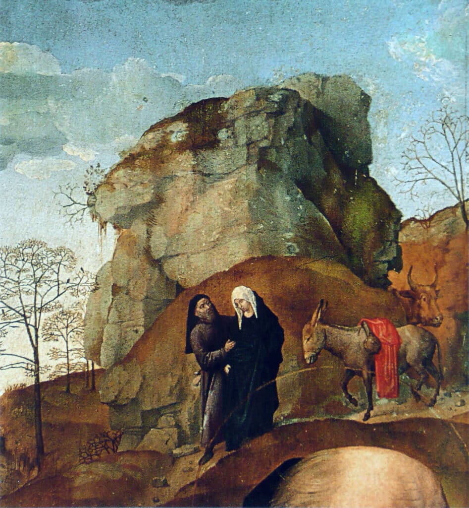 Sčítání lidu je také v příběhu Ježíše Krista | Hugo van der Goes – Detail Marie a Josefa jdoucích do Betléma na sčítání lidu (výřez z levého panelu Portinarova triptychu) | Zdroj Wikimedia Commons