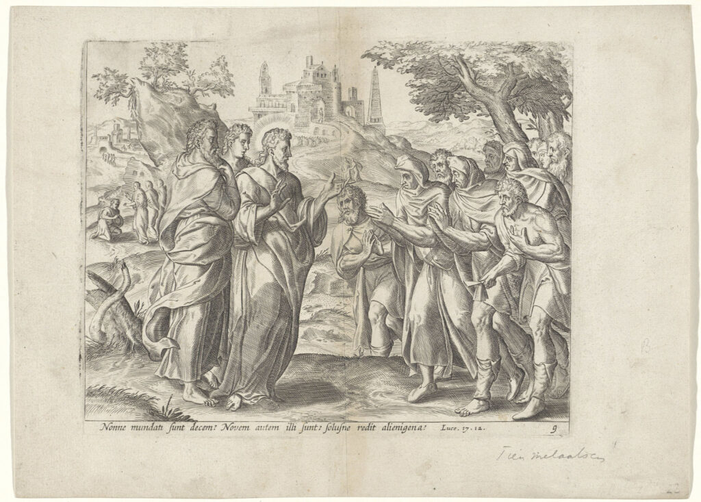 Reprodukce z knihy Theatrum biblicum ze 17. století – Ježíš uzdravuje deset malomocných (podle L 17:12–19) | Zdroj Wikimedia Commons