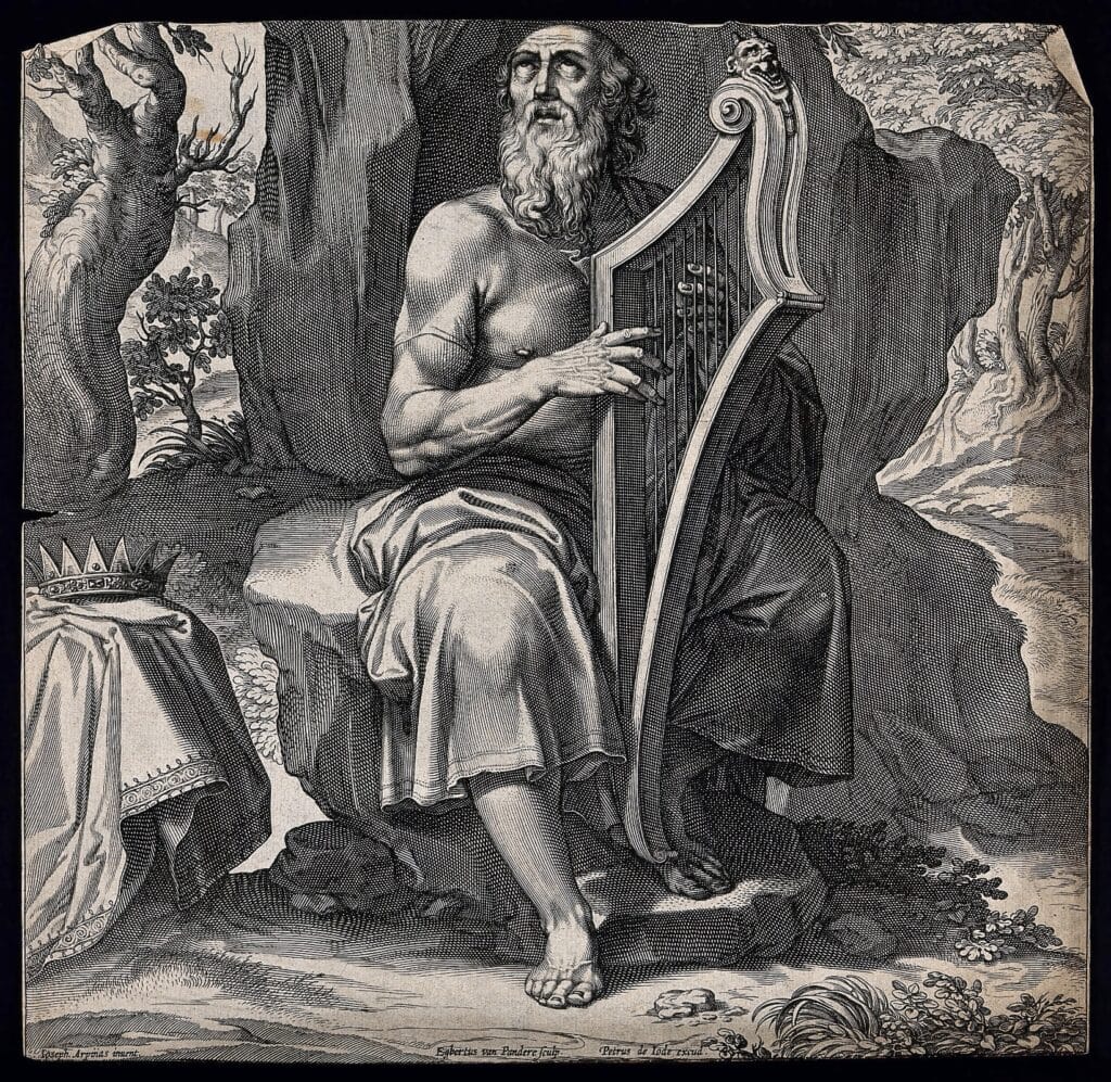 Stárnoucí David brnká na harfu a přednáší žalmy. Rytina E. van Panderen, 1620 | Zdroj Wikimedia Commons