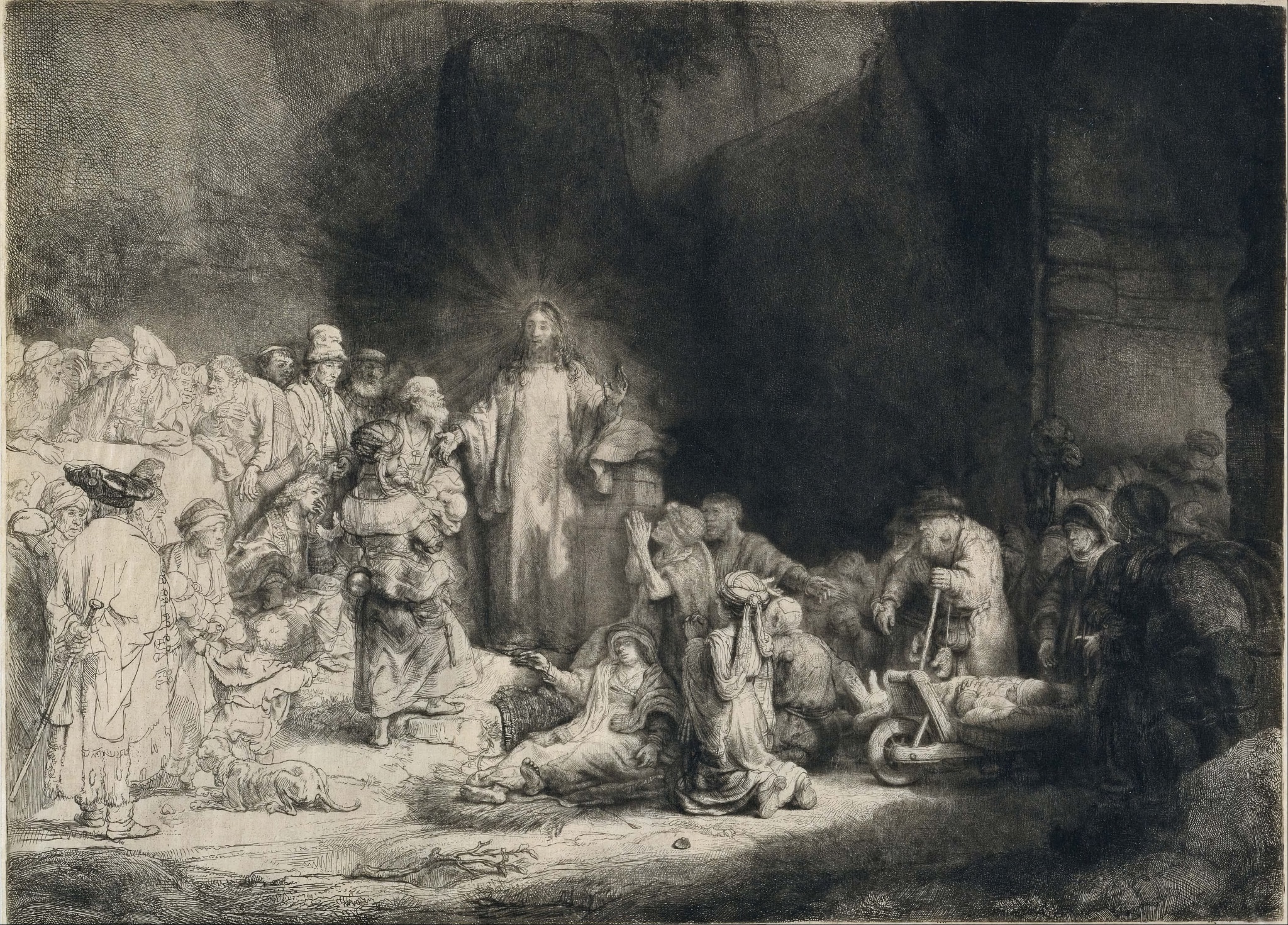 Rembrandt: Kristus káže | „100guldenový“ tisk, cca 1649 | Zdroj Wikimedia Commons