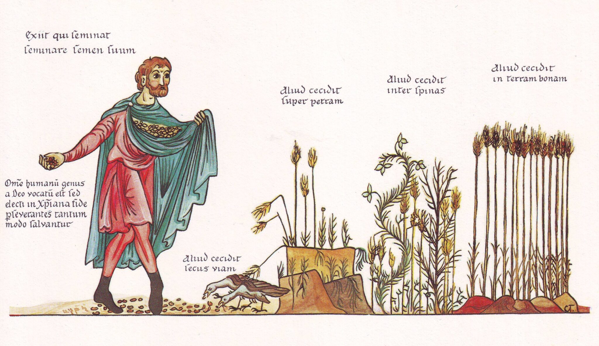 Herrad of Landsberg: Podobenství o rozsévači. Ilustrace z knihy Zahrada rozkoší (asi 1180) | Zdroj Wikimedia Commons